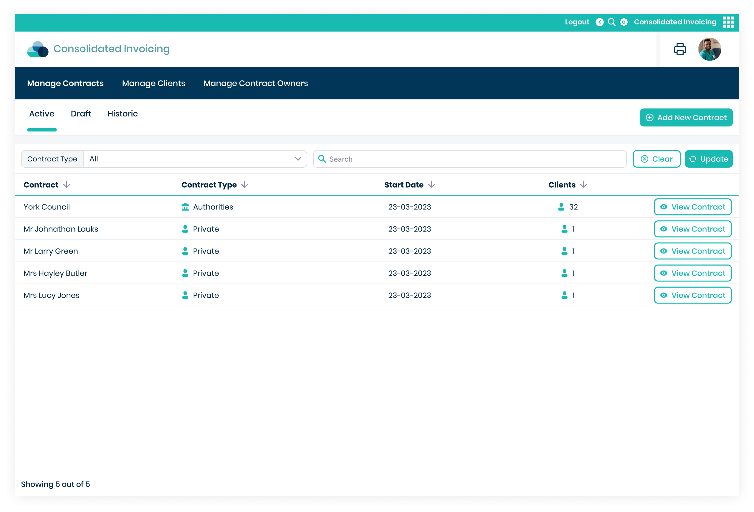Care Control Consolidated Invoicing manage contracts screen