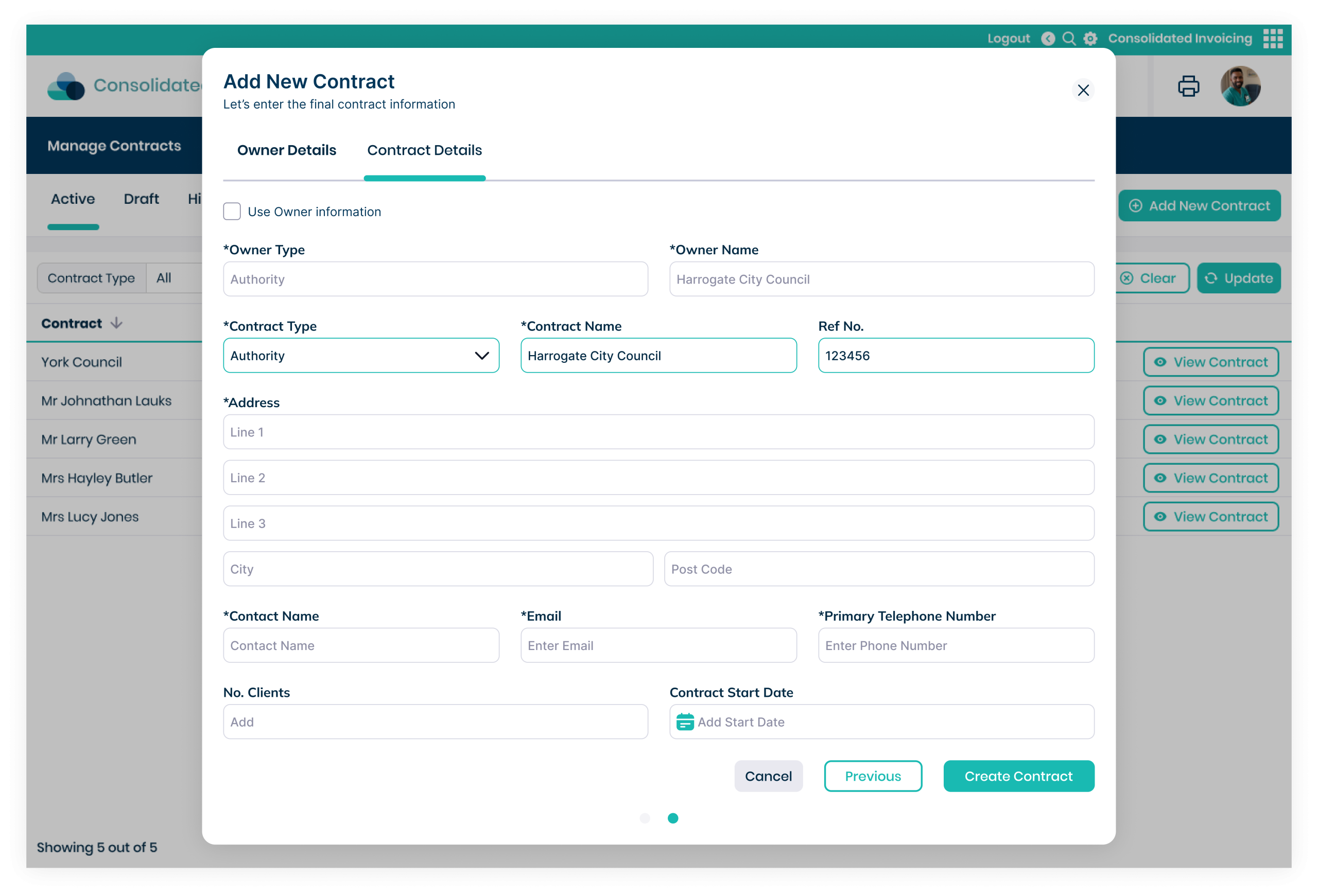 Care Control Consolidated Invoicing add contract screen