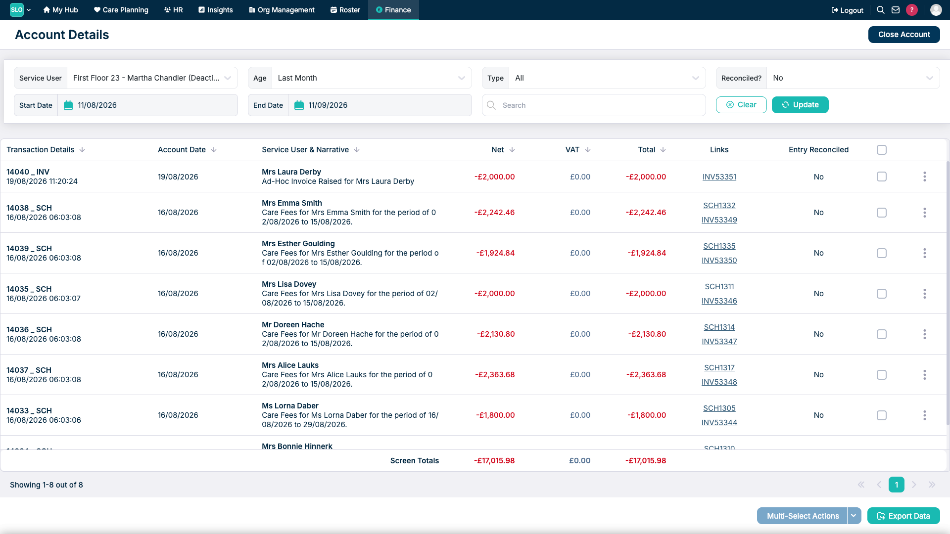Care Control Finance and Fee Schedules