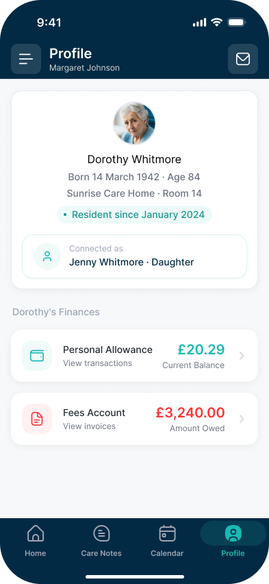 Friends and Family App care notes screen