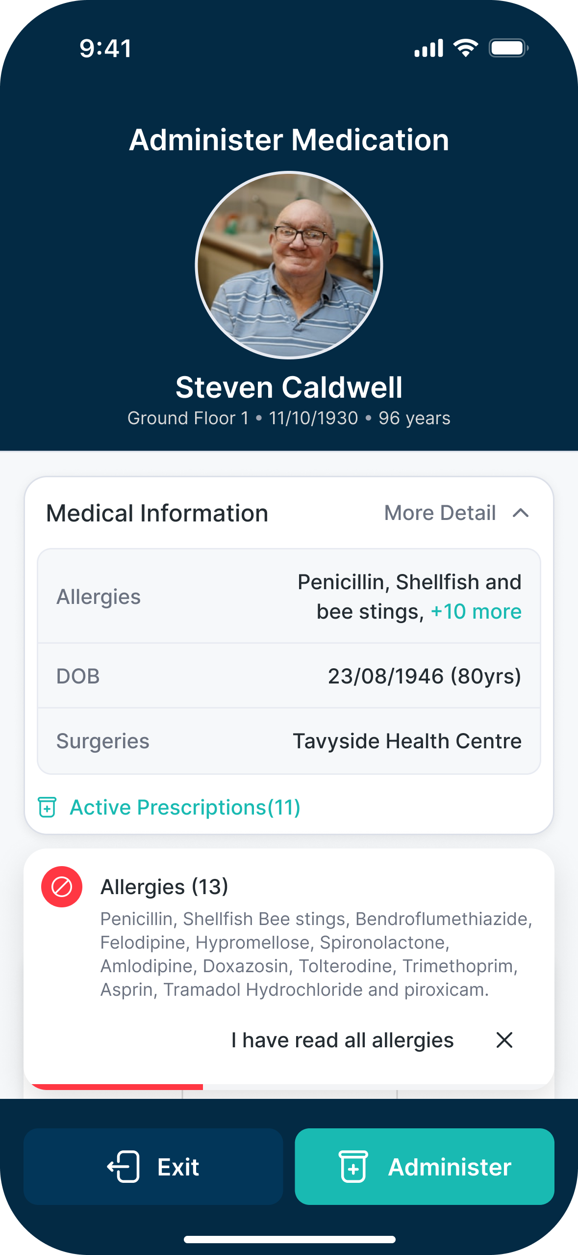 Care Control eMAR scheduled medication list