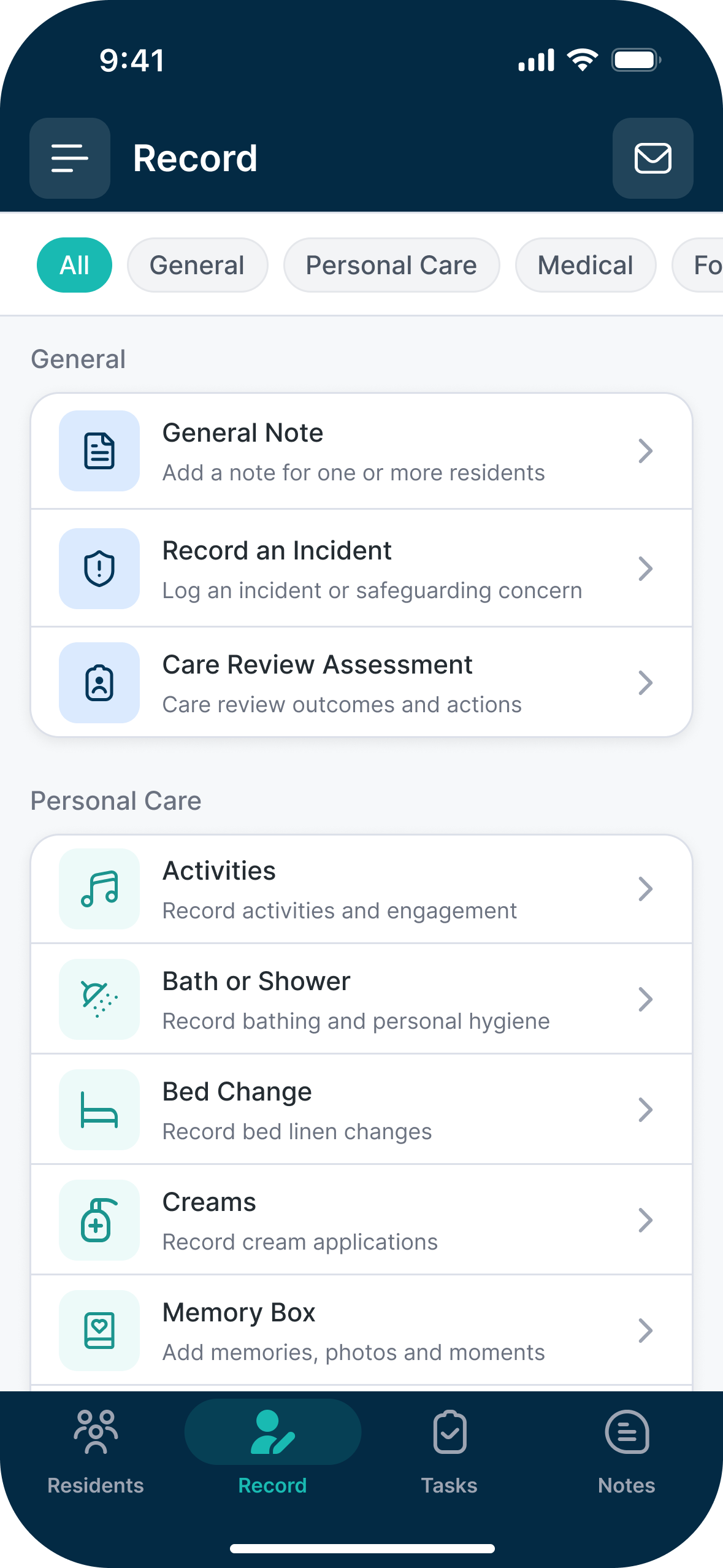 Care Control Connect recording areas screen
